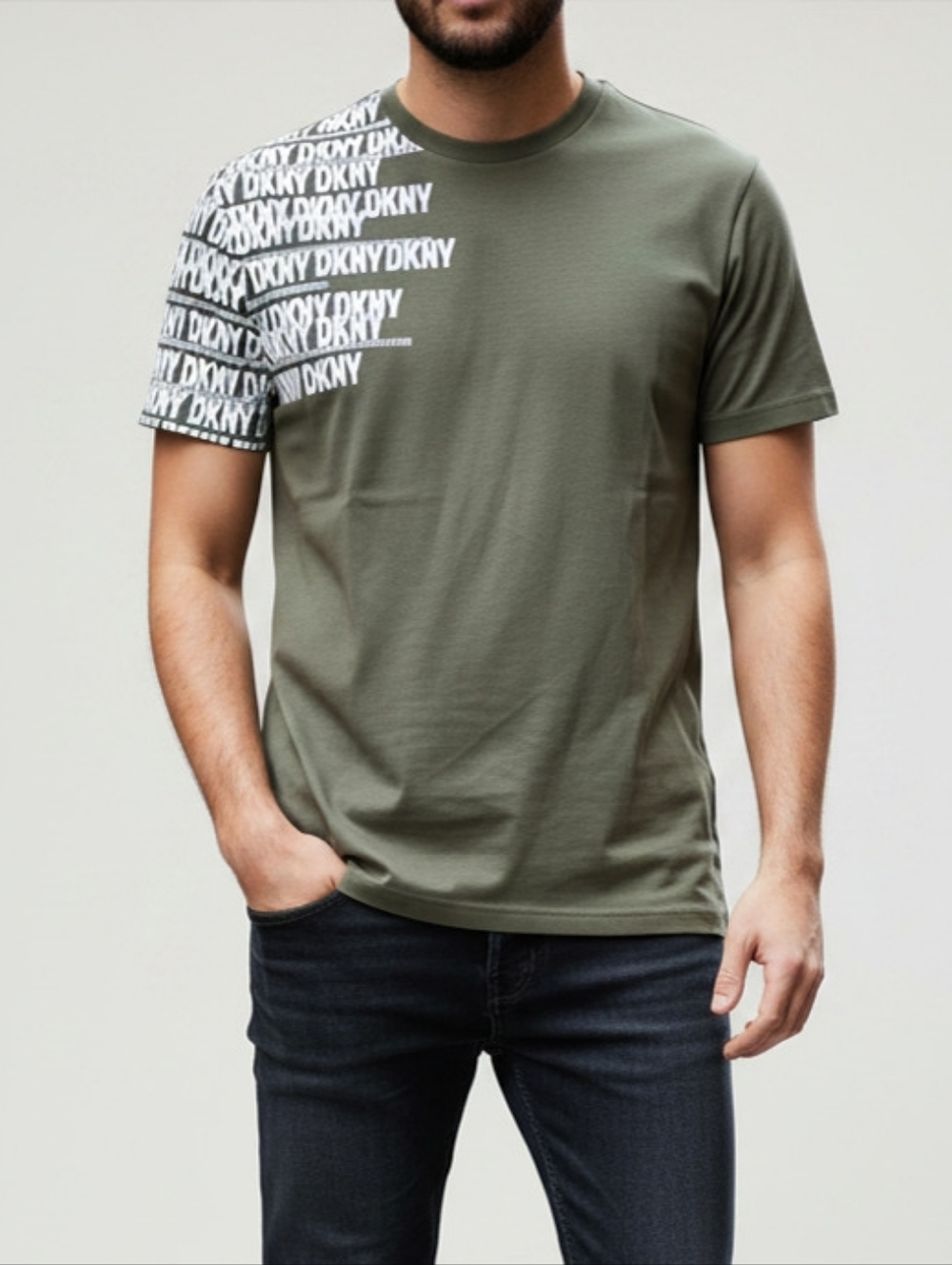 DKNY Olive Green Crewneck T-Shirt with White Logo Panel